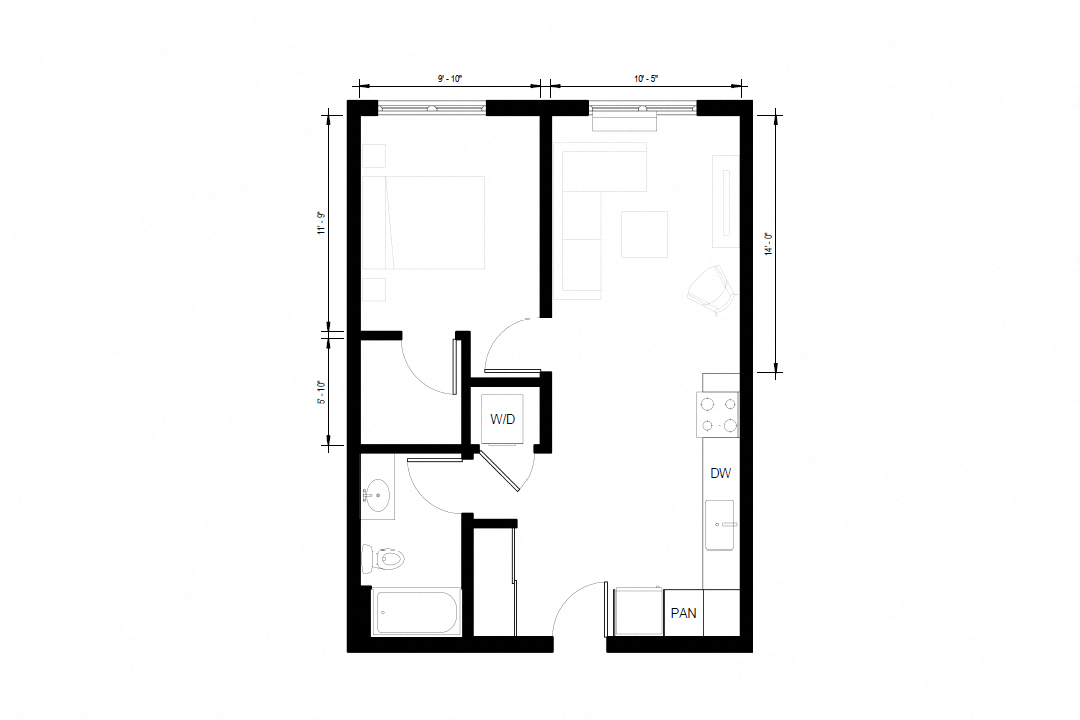 Floor plan for 1 bed, 1 bath, 643 sqft